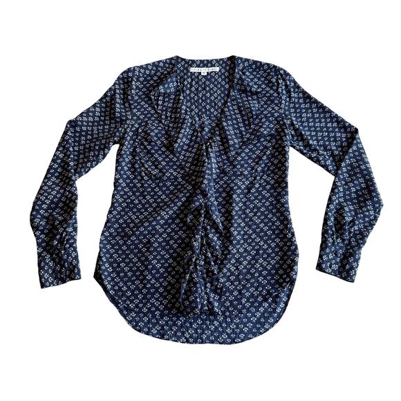 Veronica Beard 100% Silk Lotus Print Ruffle Front V Neck NAvy Button Up Blouse 2 - Picture 1 of 9